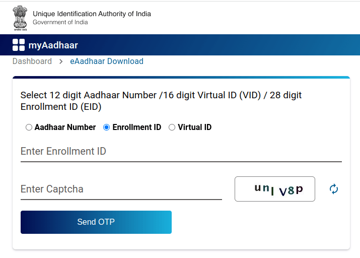 Aadhaar Card Download by Enrollment ID