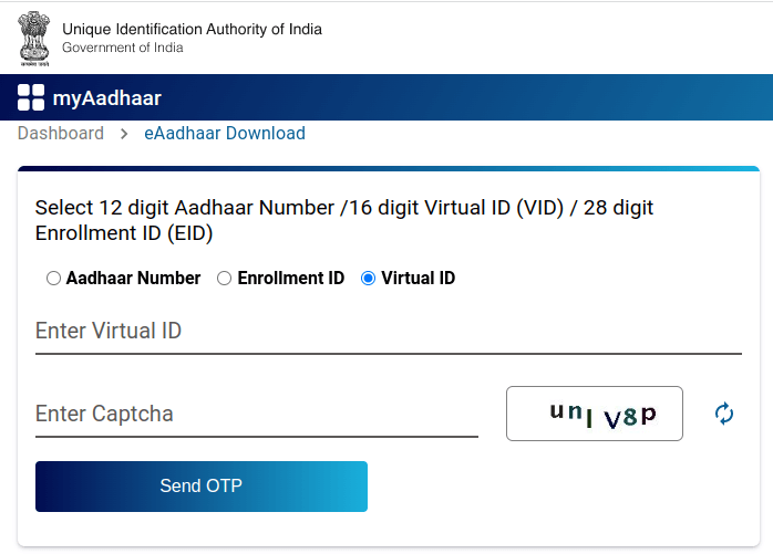 Aadhaar Card Download by Virtual ID